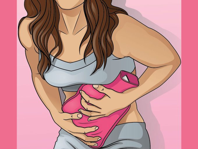 menstrual conditions, an illustration of a woman using a heating pad on her tummy