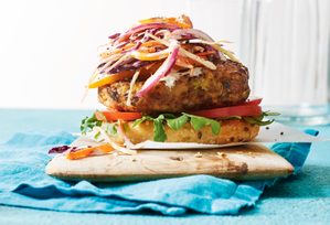 Grilled Chicken Bean Burgers with Tahini Slaw
