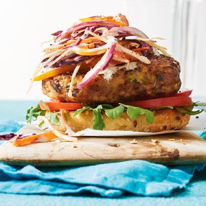 Grilled Chicken Bean Burgers with Tahini Slaw