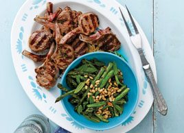 Lamb Chops with Grilled Asparagus, Pine Nuts and Mint