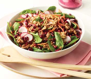 Spinach & Lentil Salad with Pomegranates, Walnuts and Blueberry Vinaigrette