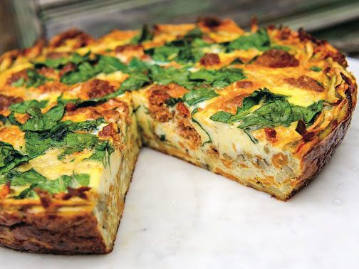 Sweet Potato and Yam Crusted Spinach and Chorizo Quiche