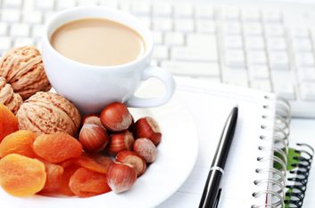 coffee, nuts and fruit at work