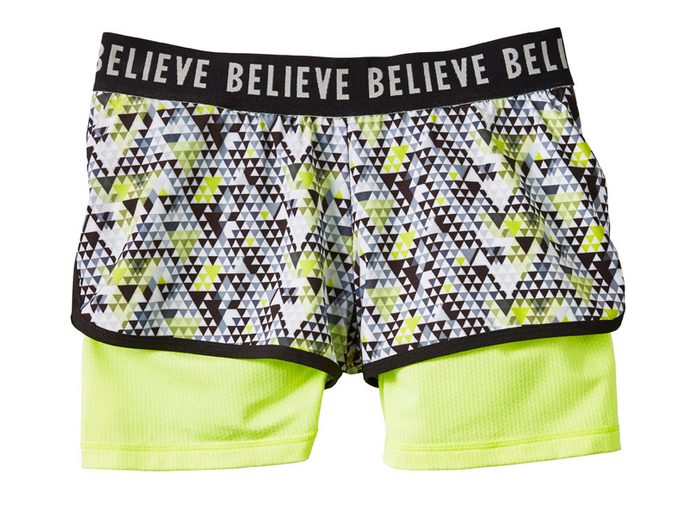 Neon Patterned Believe Running Shorts, $25