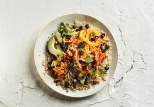 Southwestern Black Bean Quinoa Bowl with Pulled Chicken