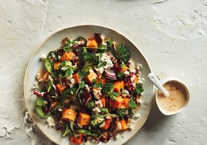 Sweet Potato Spinach Bowl with Hummus Dressing