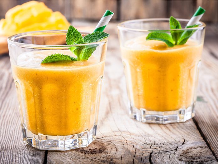 A healthy breakfast fruit smoothie recipe with mango.