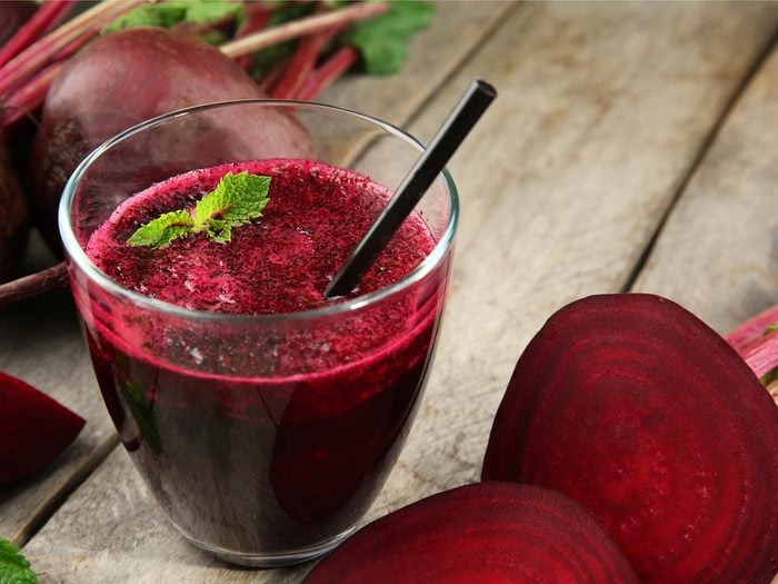 A healthy breakfast fruit smoothie recipe with berries and beets.