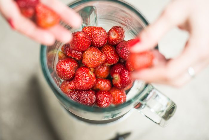 A healthy breakfast fruit smoothie recipe with strawberries. 