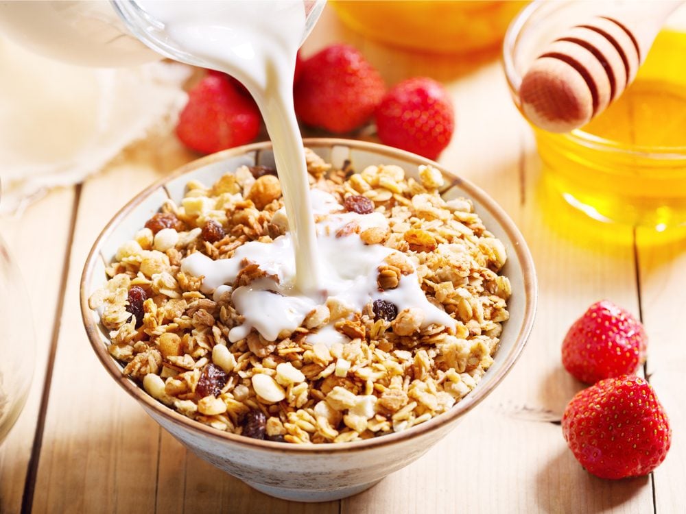 A bowl of cereal is a good high-protein breakfast idea.