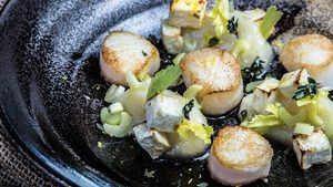 Roasted Scallops with Celery Roots & Hearts, Brown Butter & Lemon