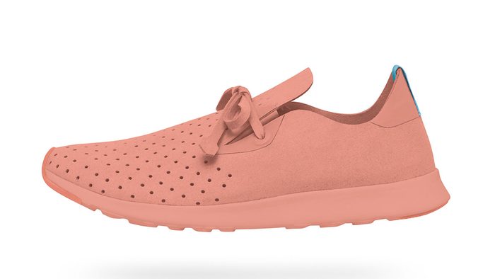 summer layering running shoes, a pink running show with white sole and perforated vamp