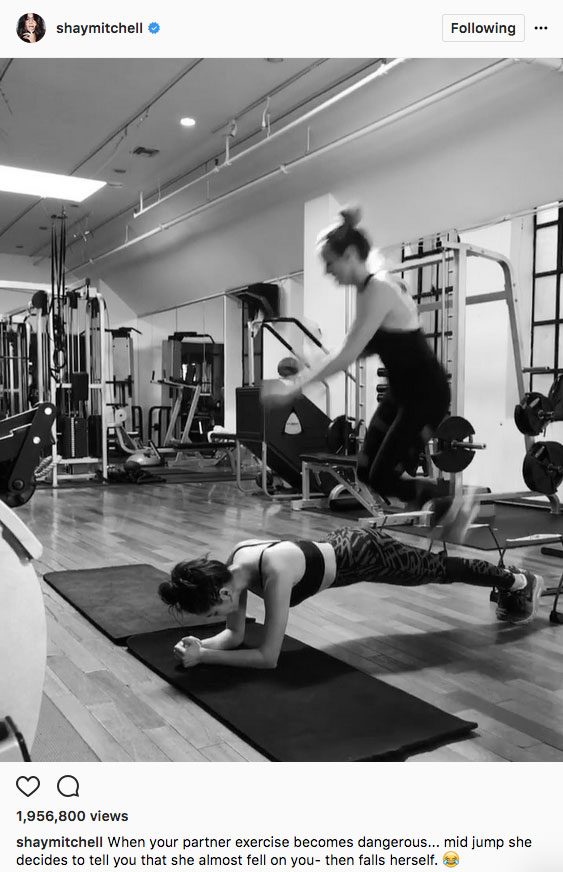 Shay Mitchell stay fit instagram, Shay Mitchell does plank jumps with a pal