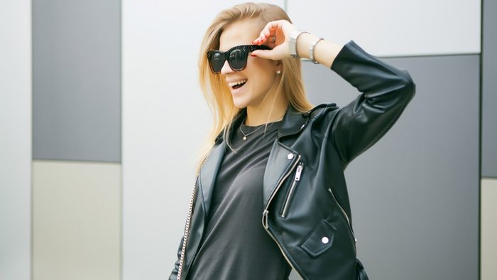 Fall wardrobe, woman wearing leather jacket