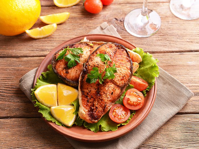 foods for great skin, fish and veggies on a plate