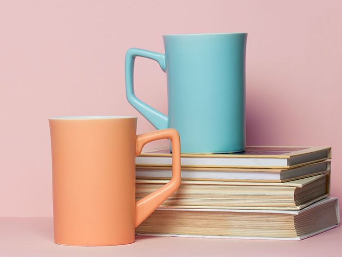 health books and coffee mugs