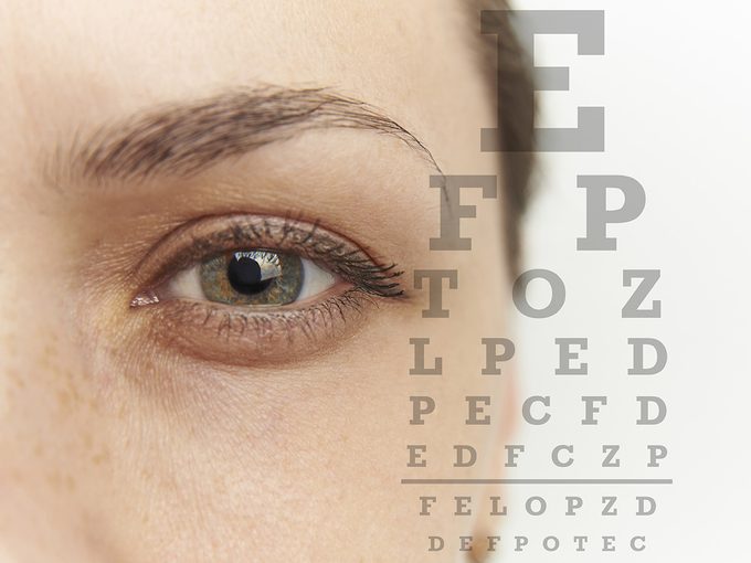 Blurry vision, Close-up of woman's eye as she squints to make out eye chart in the foreground