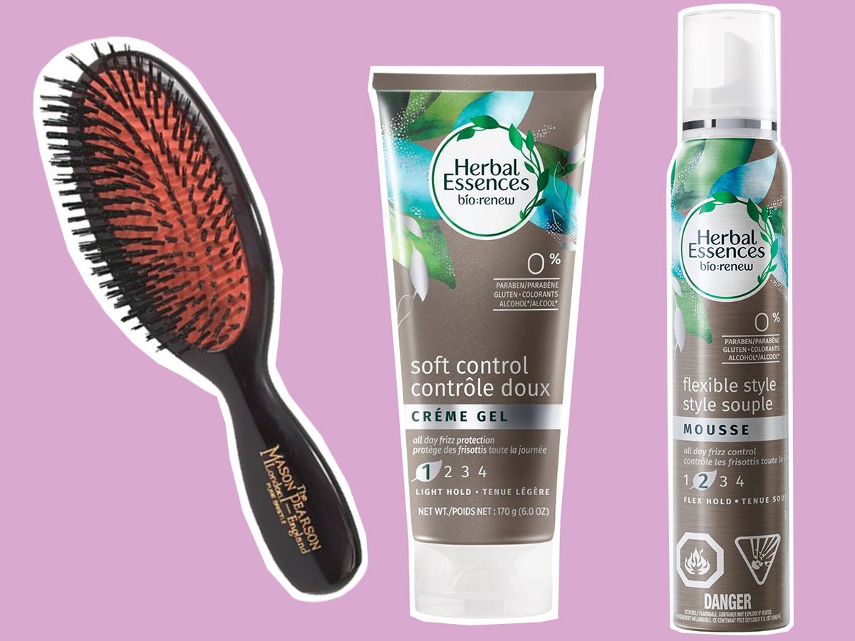 A Mason Pearson brush and two Herbal Essences styling products