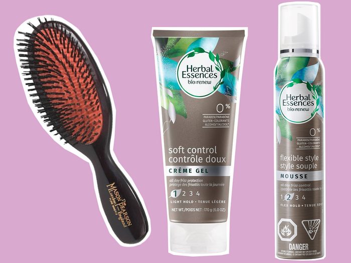 A Mason Pearson brush and two Herbal Essences styling products
