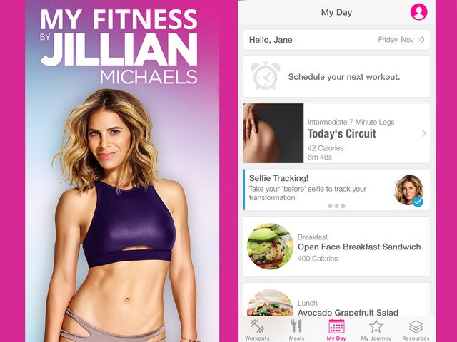 Jillian Michaels My Fitness App home screen and "My Day" page
