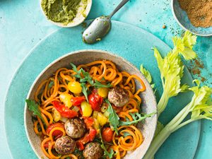 A Super Healthy Paleo Carrot Noodle Soup with Chicken Meatballs