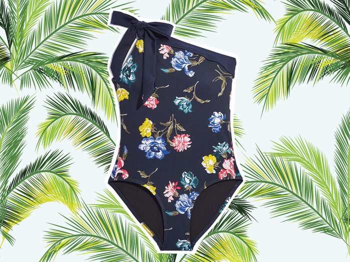 Vacation navy blue bathing suit with only one shoulder, floral print
