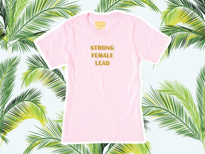Pink T-shirt that reads "strong female lead" for vacation