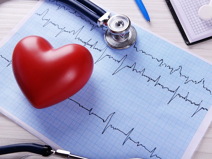 Heart disease, cardiogram results, a red heart and a stethoscope