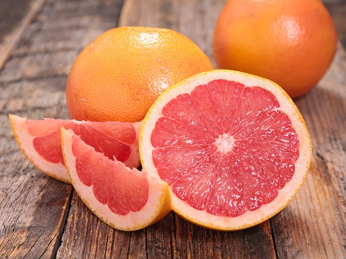 Healthy foods, cut up grapefruit