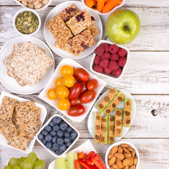 Healthy snacks on wooden table 