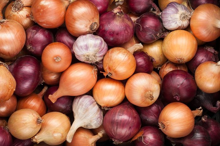autumn vegetables crop background onions garlic top view