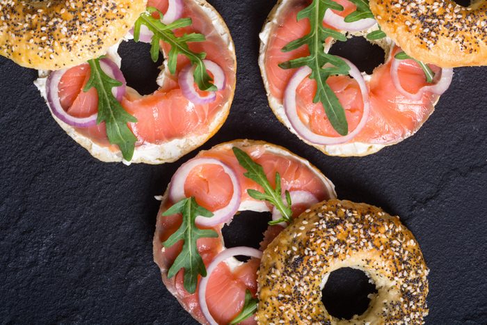 Homemade bagels with salmon , cream cheese and onion