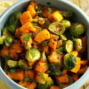 Roasted Pumpkin and Brussels Sprouts Make an Epic Fall Side Dish
