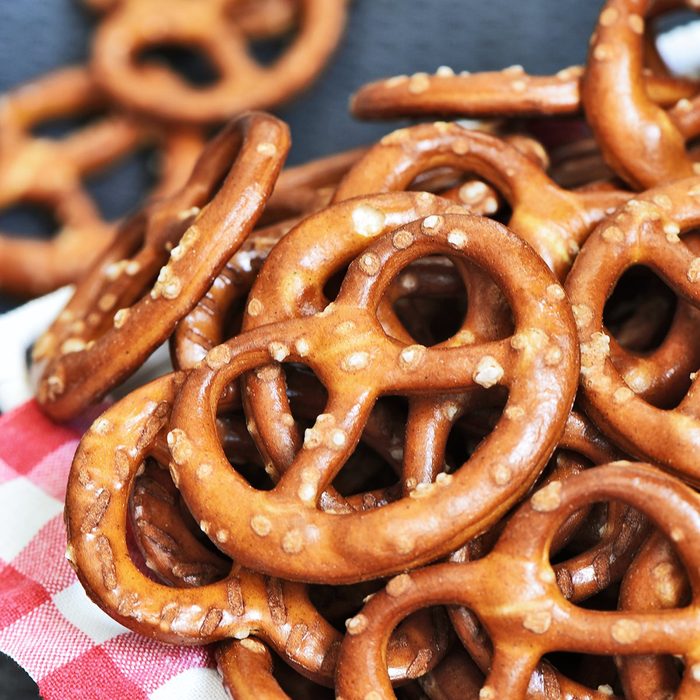 Hard Pretzels or Salted pretzels snack for party in white basket.