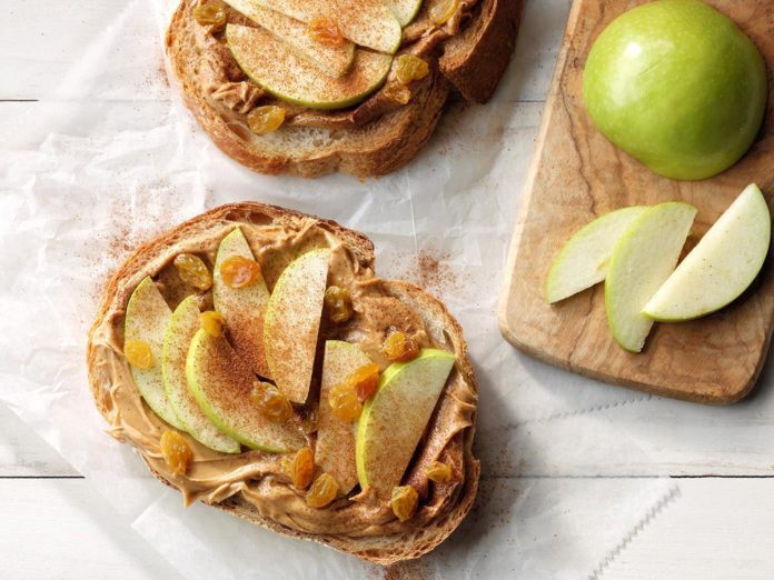 open-faced sandwich | peanut butter apple raisin