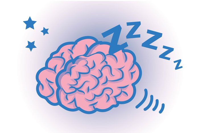 Graphic of human brain "sleeping" with stars and Zzzz's all around