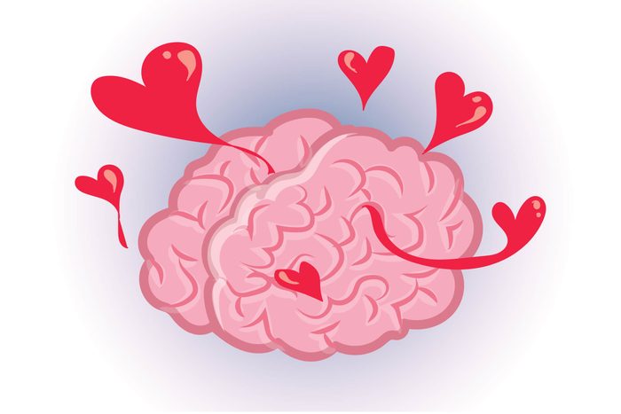 Graphic of human brain with hearts emanating