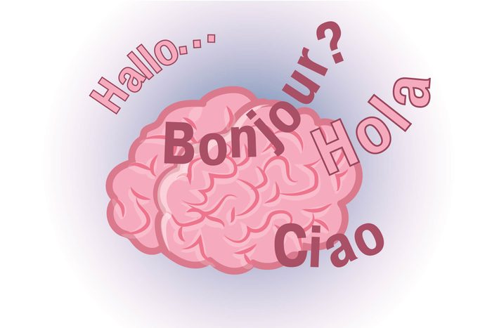 Graphic of human brain with words Hallo, Bonjour, Hola and Ciao