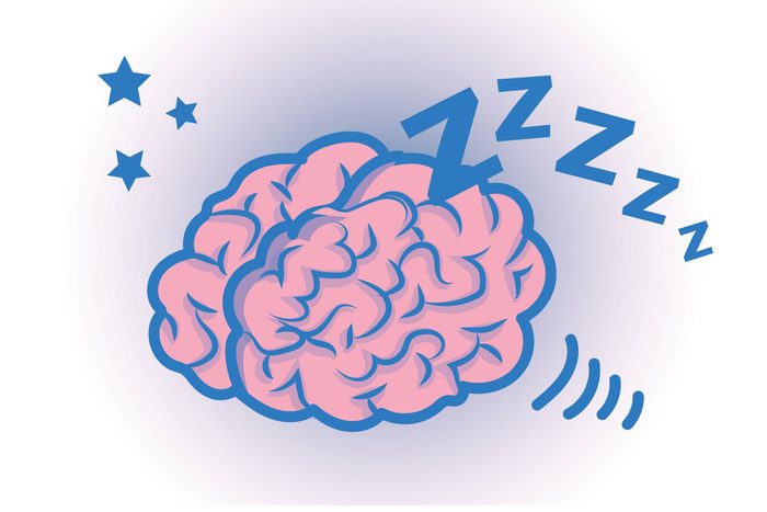 Graphic of human brain "sleeping" with stars and Zzzz's all around
