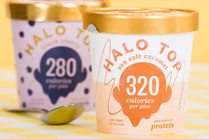 DALLAS, TEXAS - SEPTEMBER 15, 2017: Pint of Halo Top, high-protein, low-sugar and low-calorie Ice Cream in sea salt caramel flavor. The diet-friendly Halo Top Creamery ice cream was launched in 2012.
