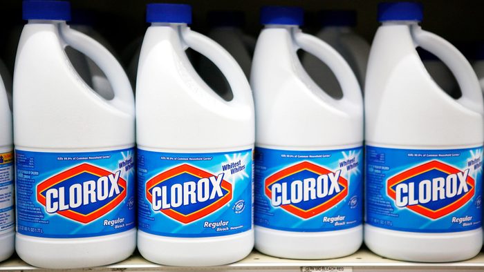 bottles of Clorox on a shelf in a grocery store