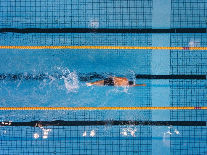 social distancing sports | overhead shot of man swimming laps in pool