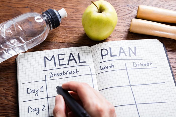 reach your goal weight | High Angle View Of A Person Hand Filling Meal Plan In Notebook At Wooden Desk