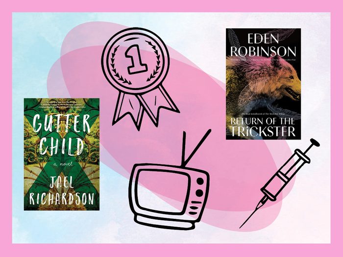 book covers, a medal, tv, and needle against a colourful background | what to look forward to in 2021