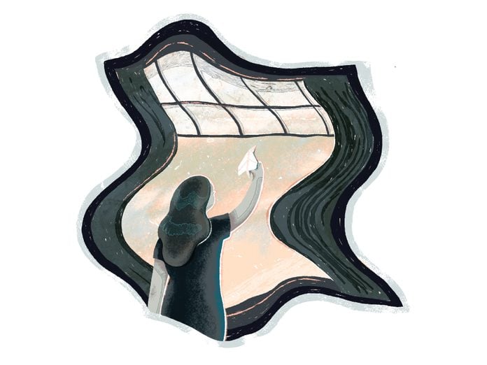 covid one year later | illustration of a woman looking out a window and ready to throw a paper plane outside