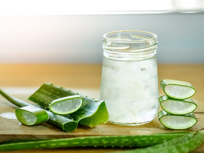 fresh aloe vera leaves and glass of aloe vera gel.