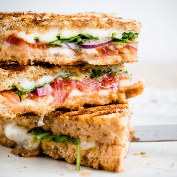 healthy sandwich recipes | Vegetarian,panini,with,tomatoes,and,mozzarella,on,rustic,wooden,table.