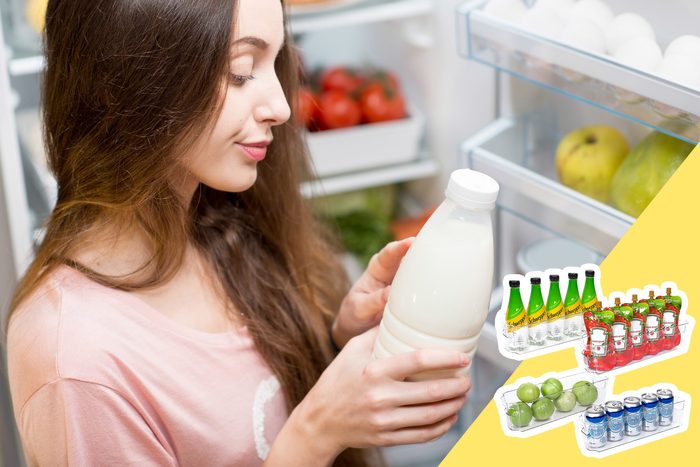 woman checking milk on fridge door with inset of fridge organizers