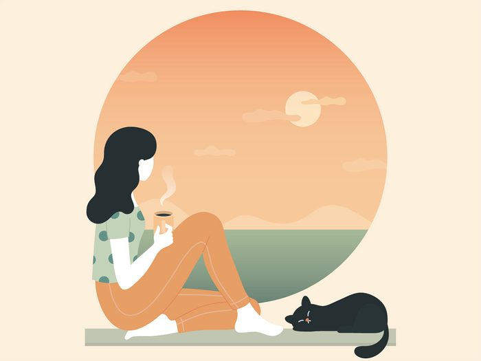 how to be happy | aim for being content | illustration of woman and cat