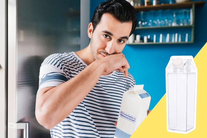 man drinking Milk from Carton with inset of reusable carton